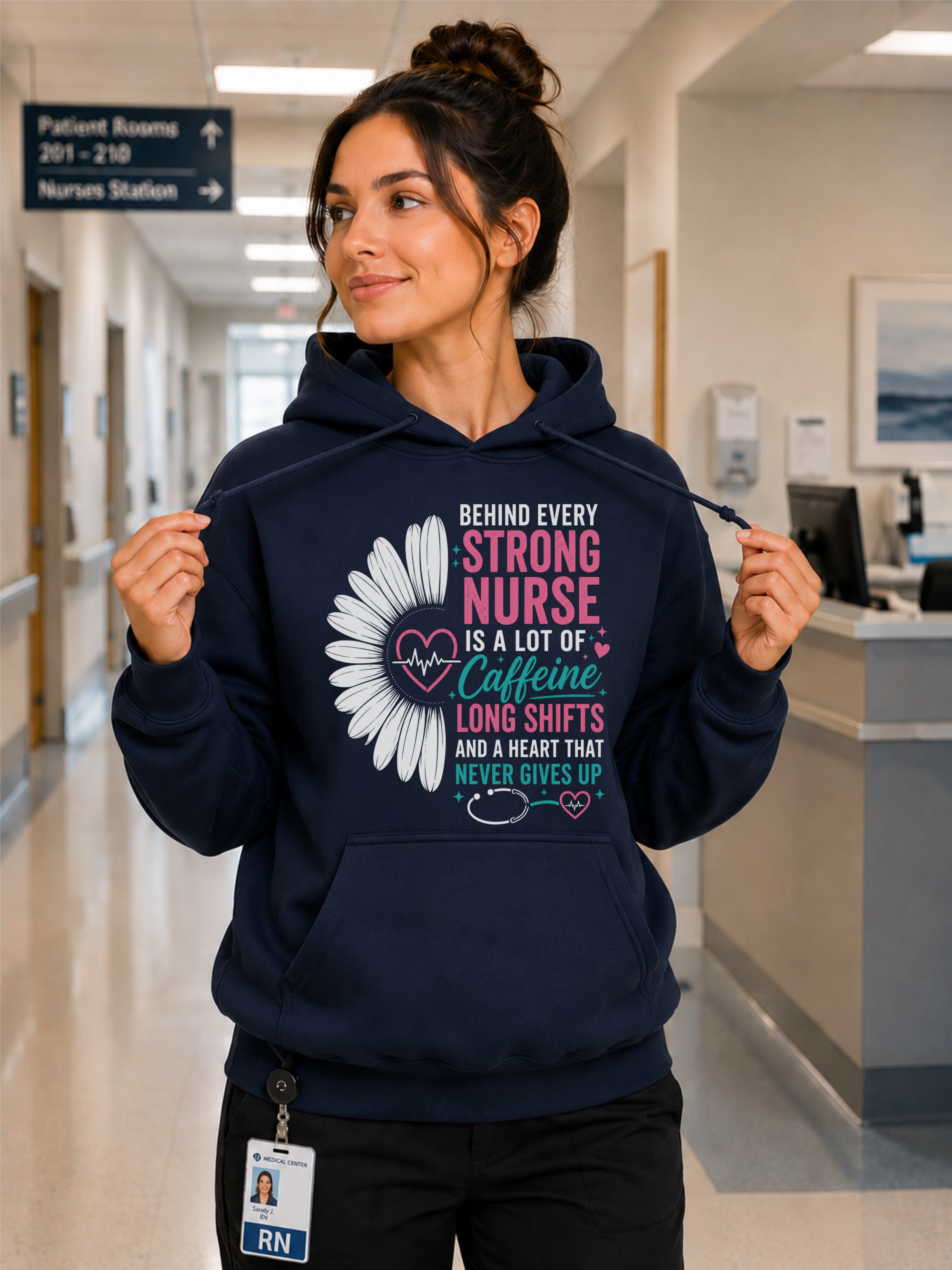 Behind Every Strong Nurse Hoodie in Navy