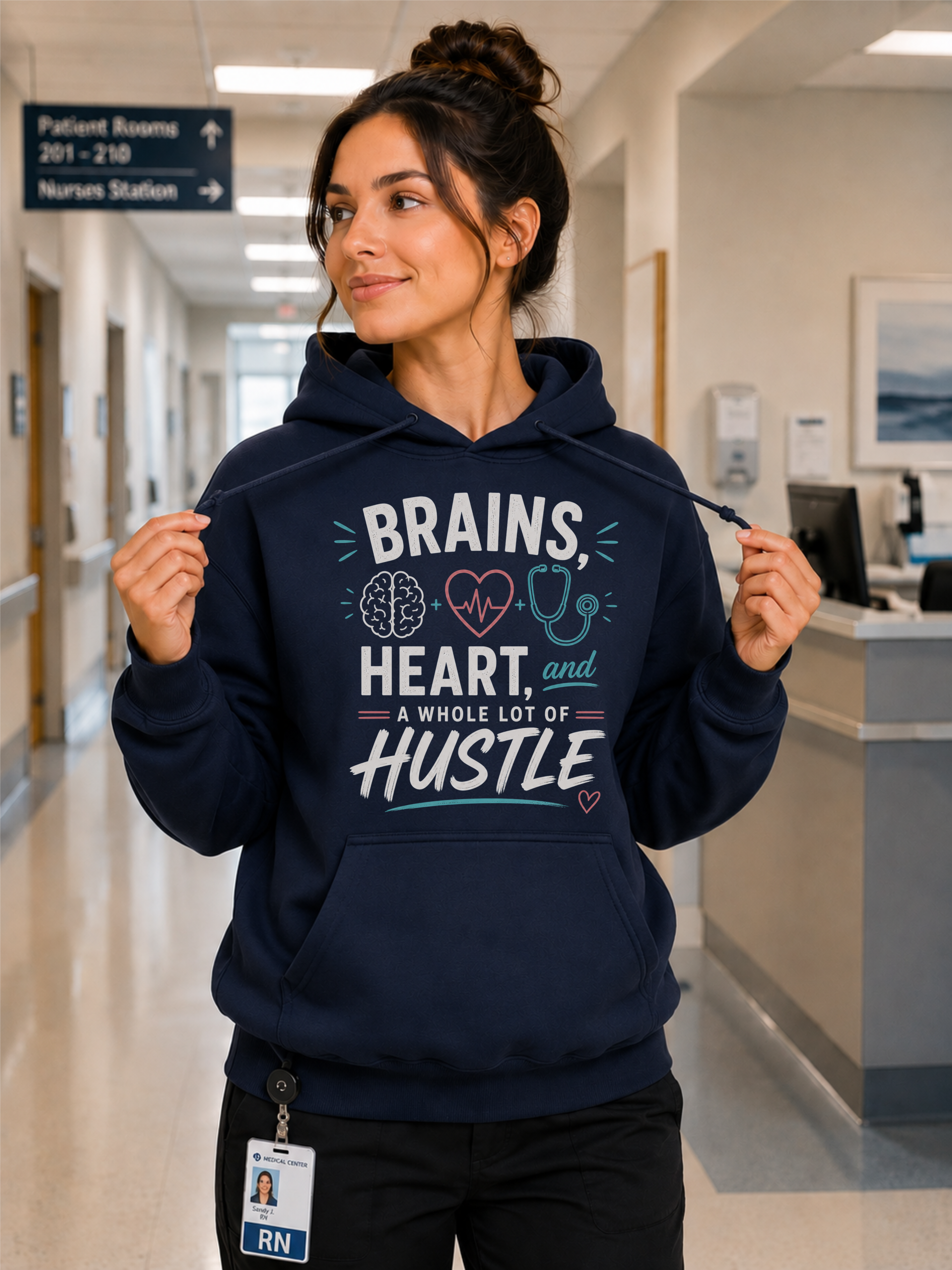 Brains Heart and a Whole Lot of Hustle Nurse Hoodie in Navy