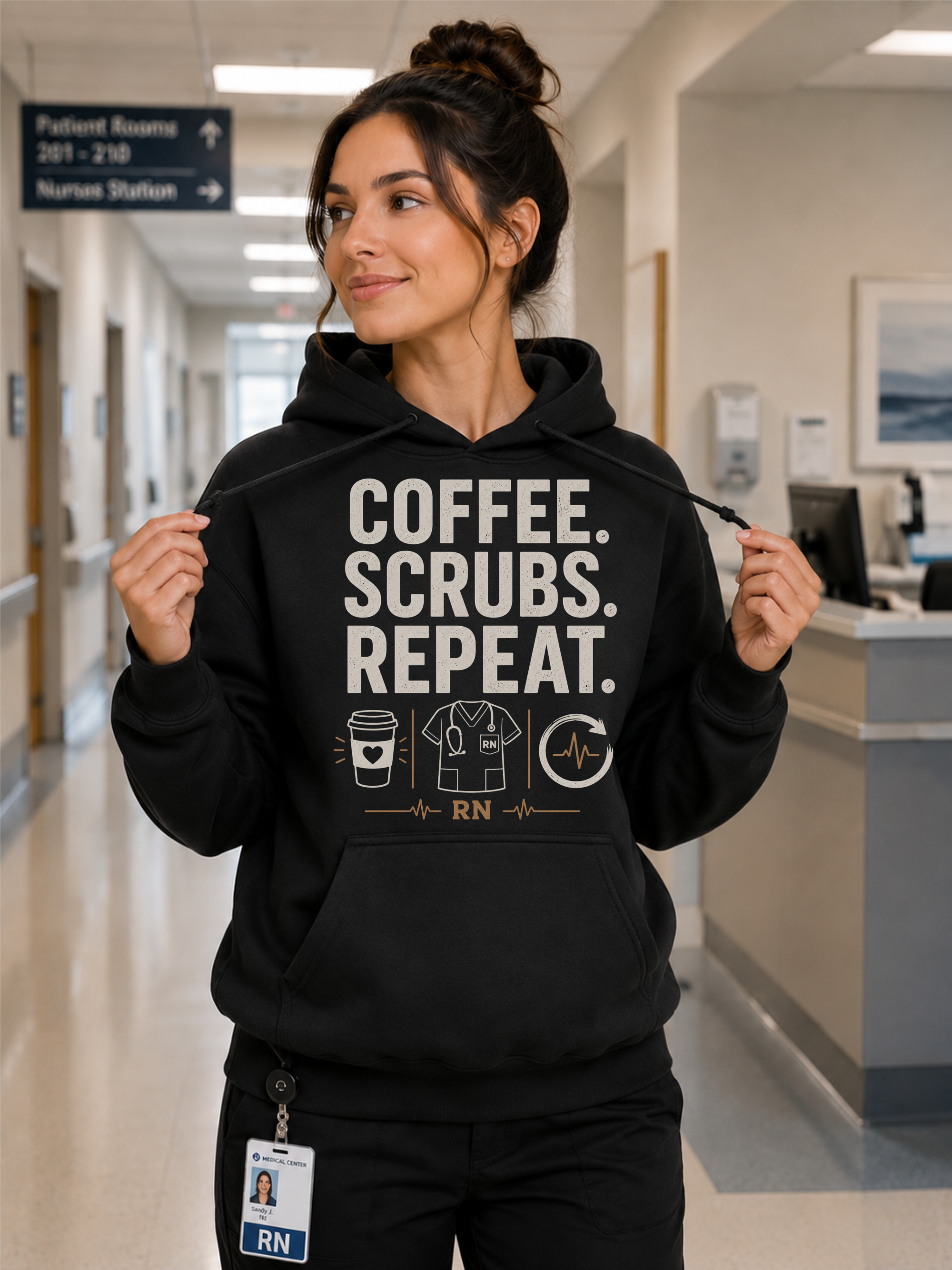 Coffee Scrubs Repeat Nurse Hoodie in Black