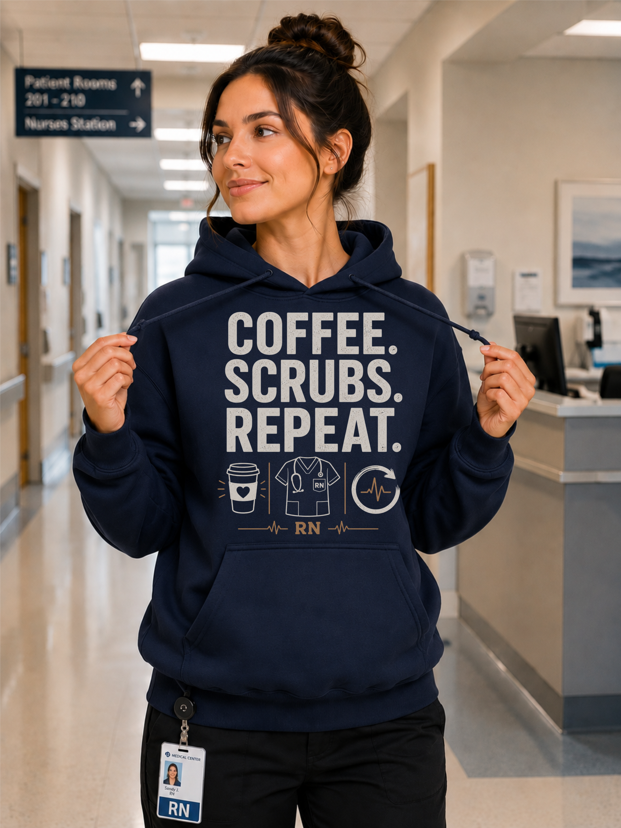 Coffee Scrubs Repeat Nurse Hoodie in Navy