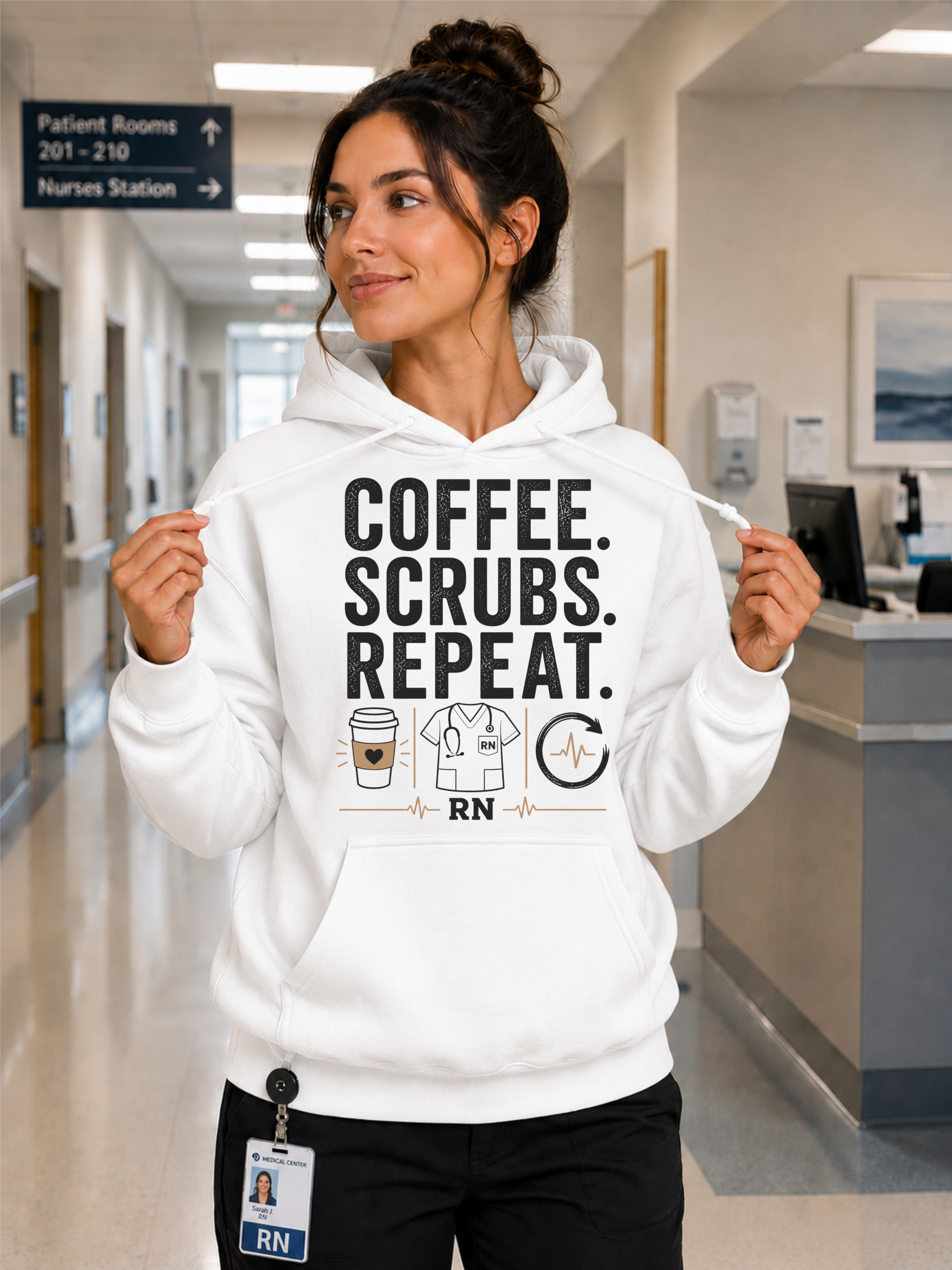 Coffee Scrubs Repeat Nurse Hoodie in White