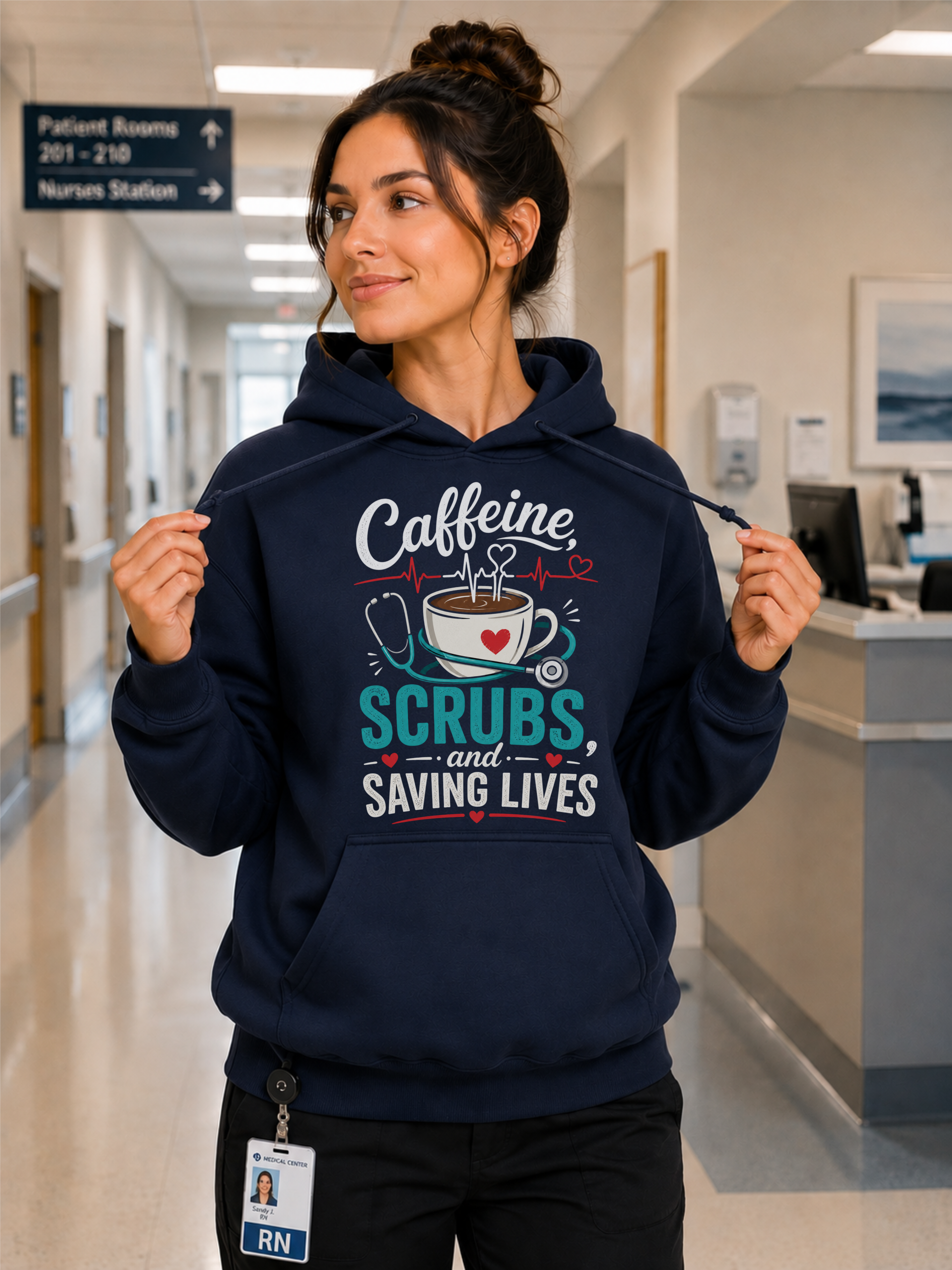 Caffeine Scrubs Saving Lives Nurse Hoodie in Navy