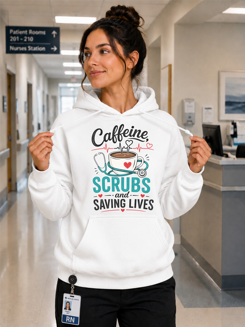 Caffeine Scrubs Saving Lives Nurse Hoodie in White