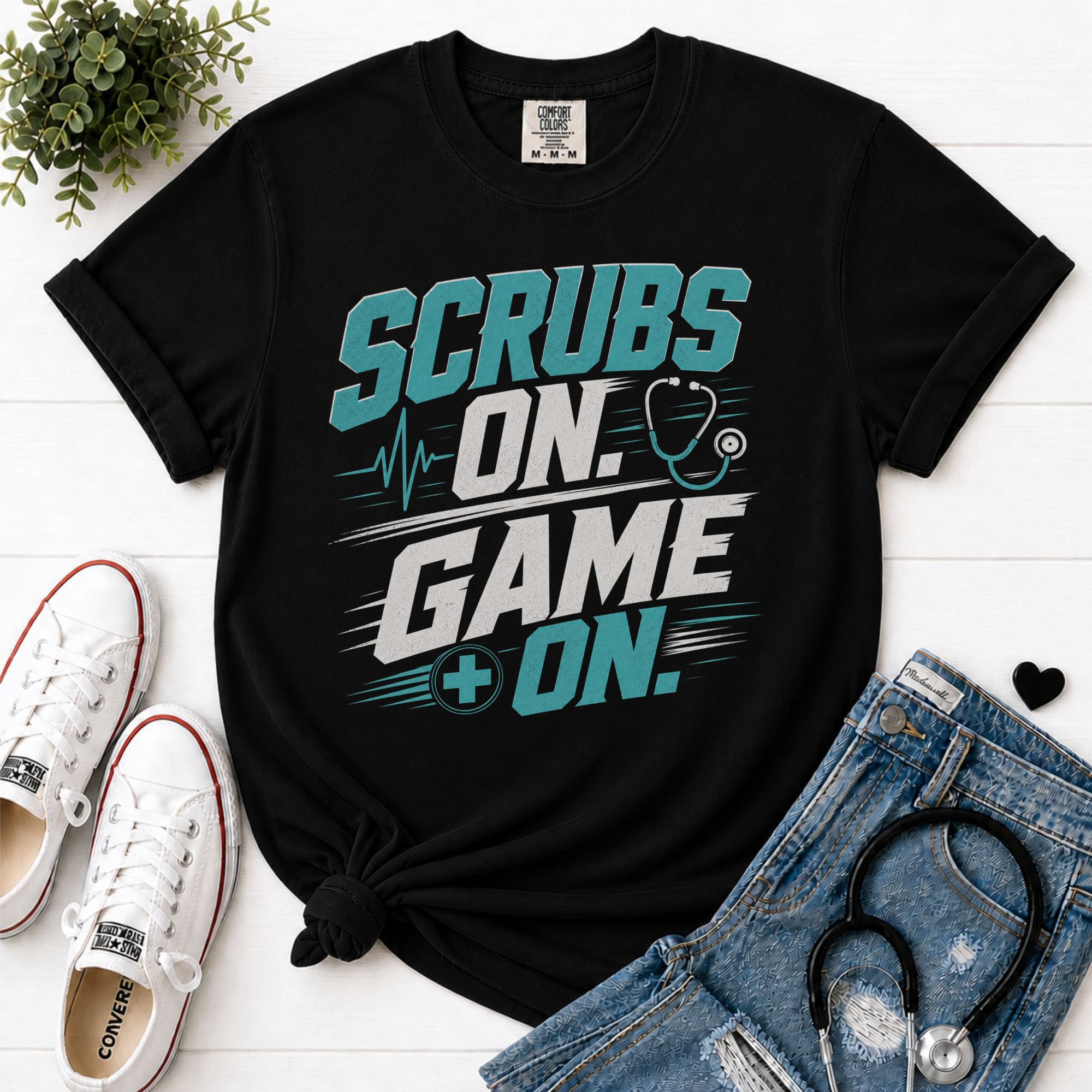 Scrubs On Game On Nurse T-Shirt | Comfort Colors Healthcare Worker Graphic Tee