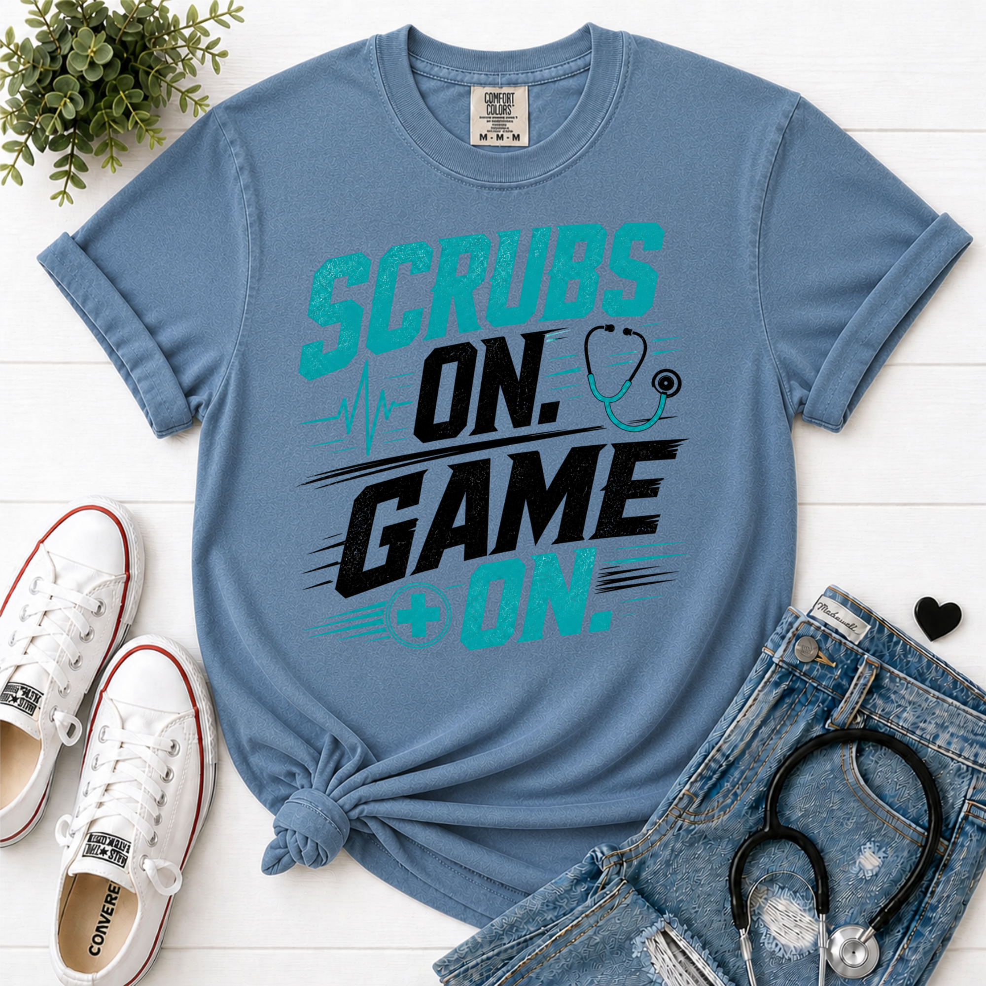 Scrubs On Game On Nurse T-Shirt | Comfort Colors Healthcare Worker Graphic Tee