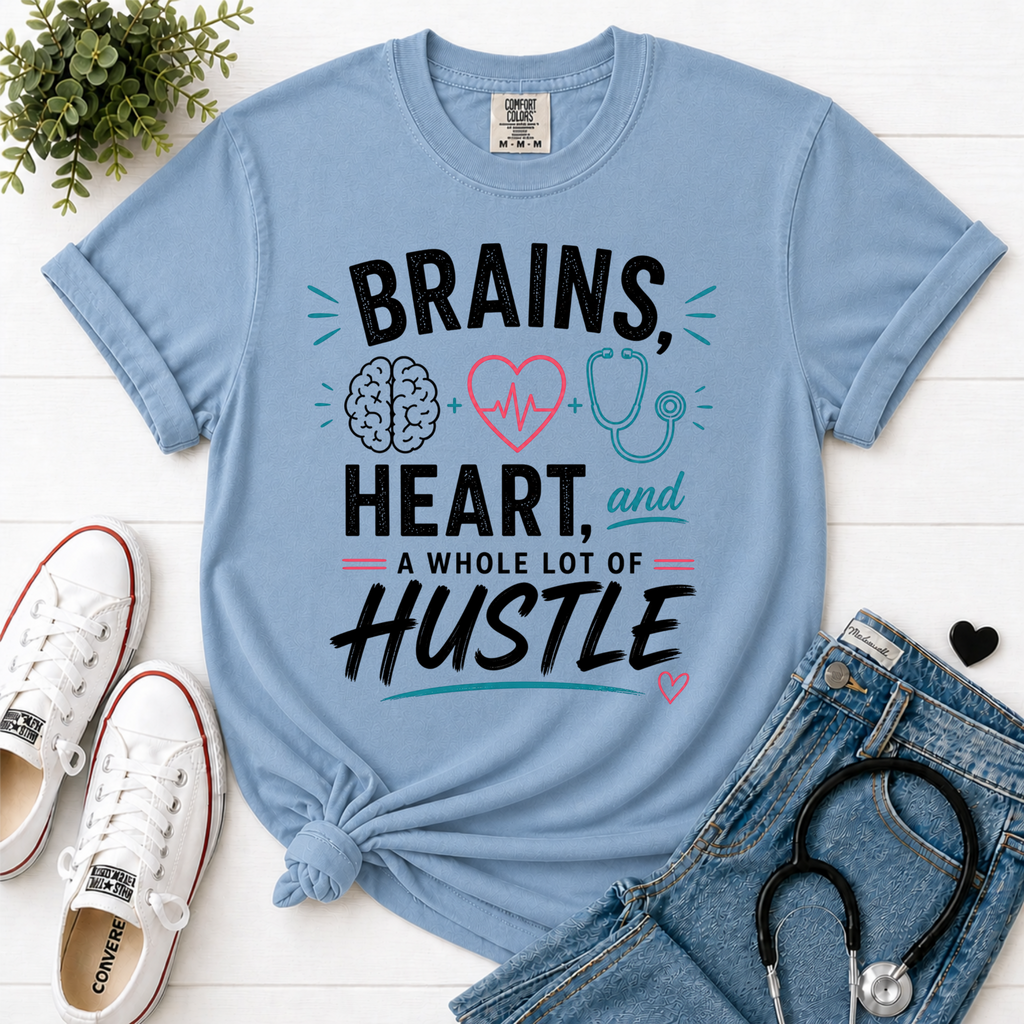 Brains Heart and a Whole Lot of Hustle nurse tee flatlay in Chambray - Comfort Colors
