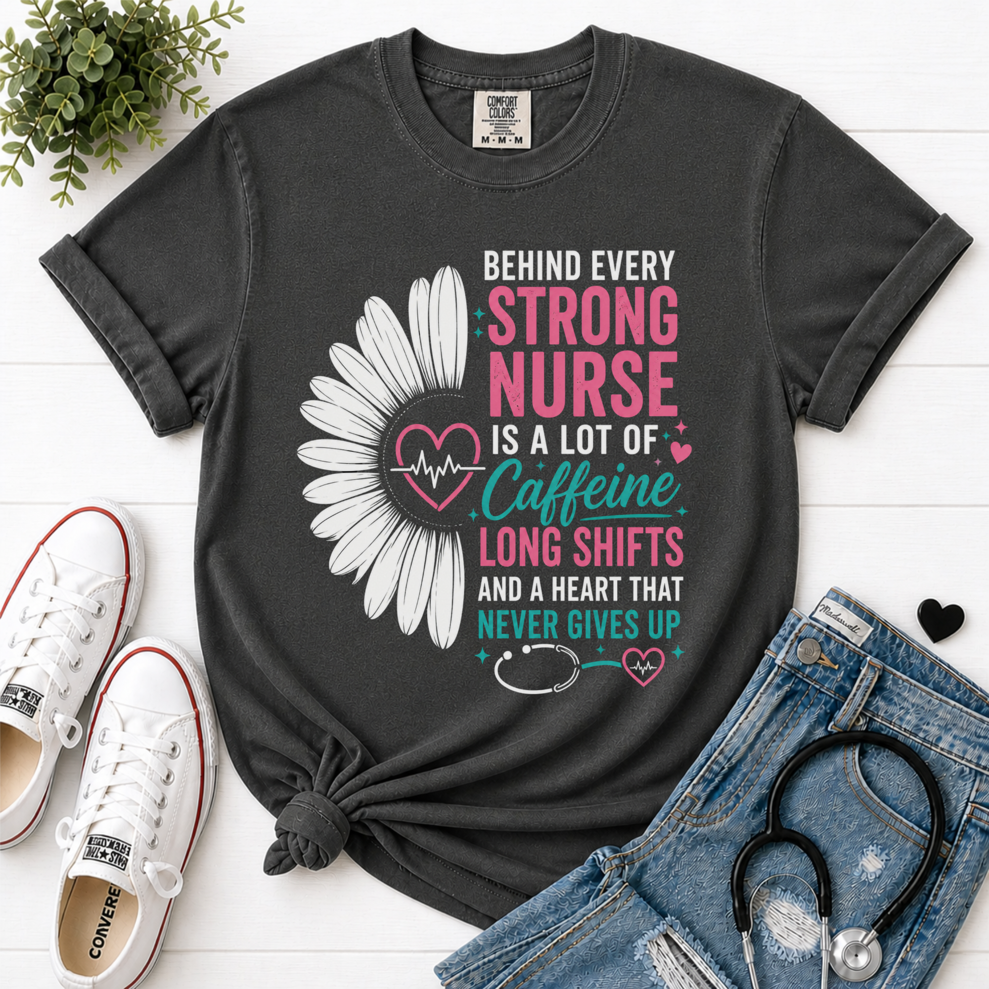 Behind Every Strong Nurse Comfort Colors T-Shirt Pepper Charcoal flatlay