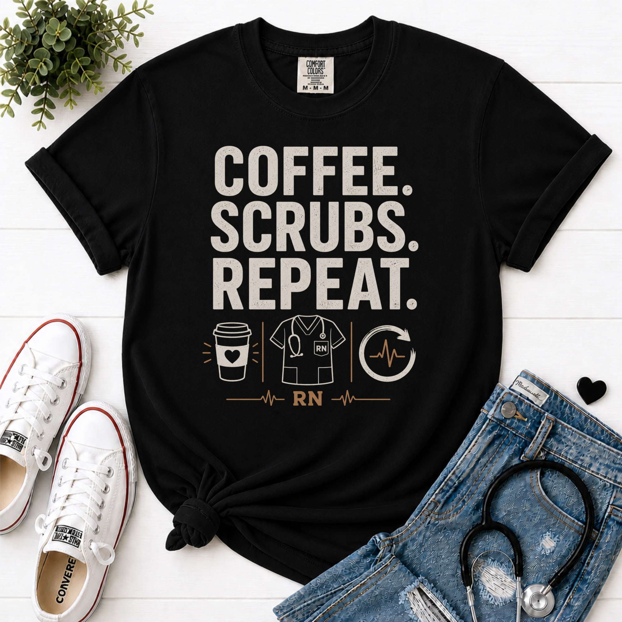 Coffee Scrubs Repeat nurse tee flatlay in Blueberry - Comfort Colors