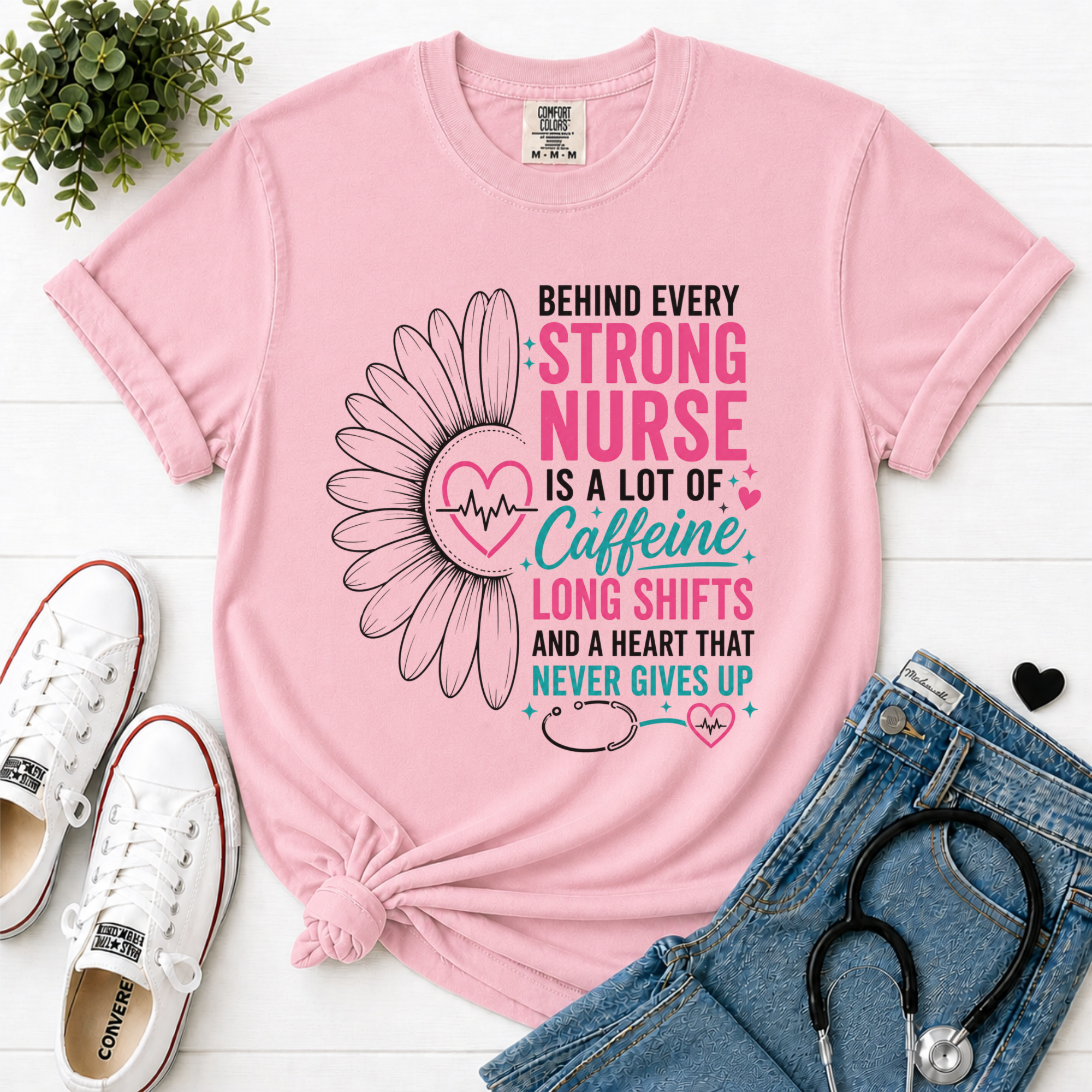 Behind Every Strong Nurse Comfort Colors T-Shirt Blossom Pink flatlay