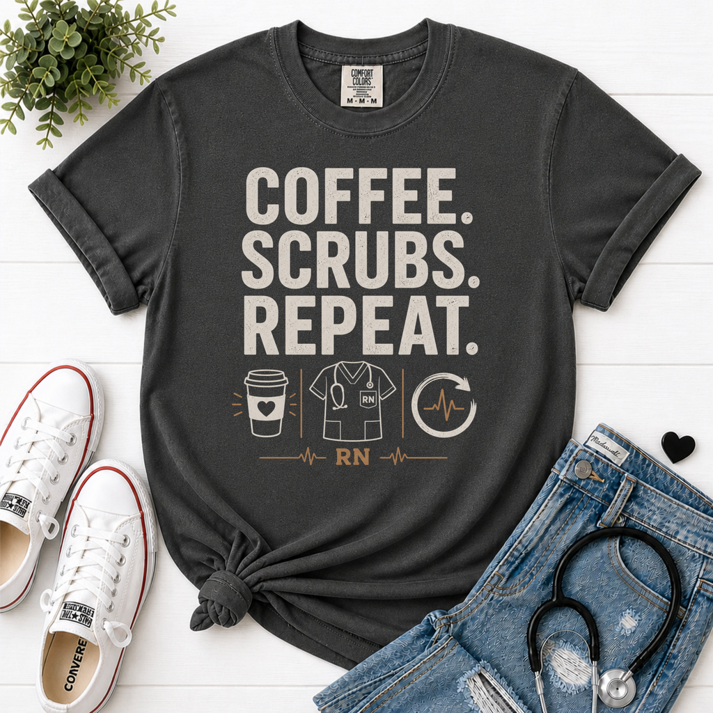 Coffee Scrubs Repeat nurse tee flatlay in Pepper - Comfort Colors