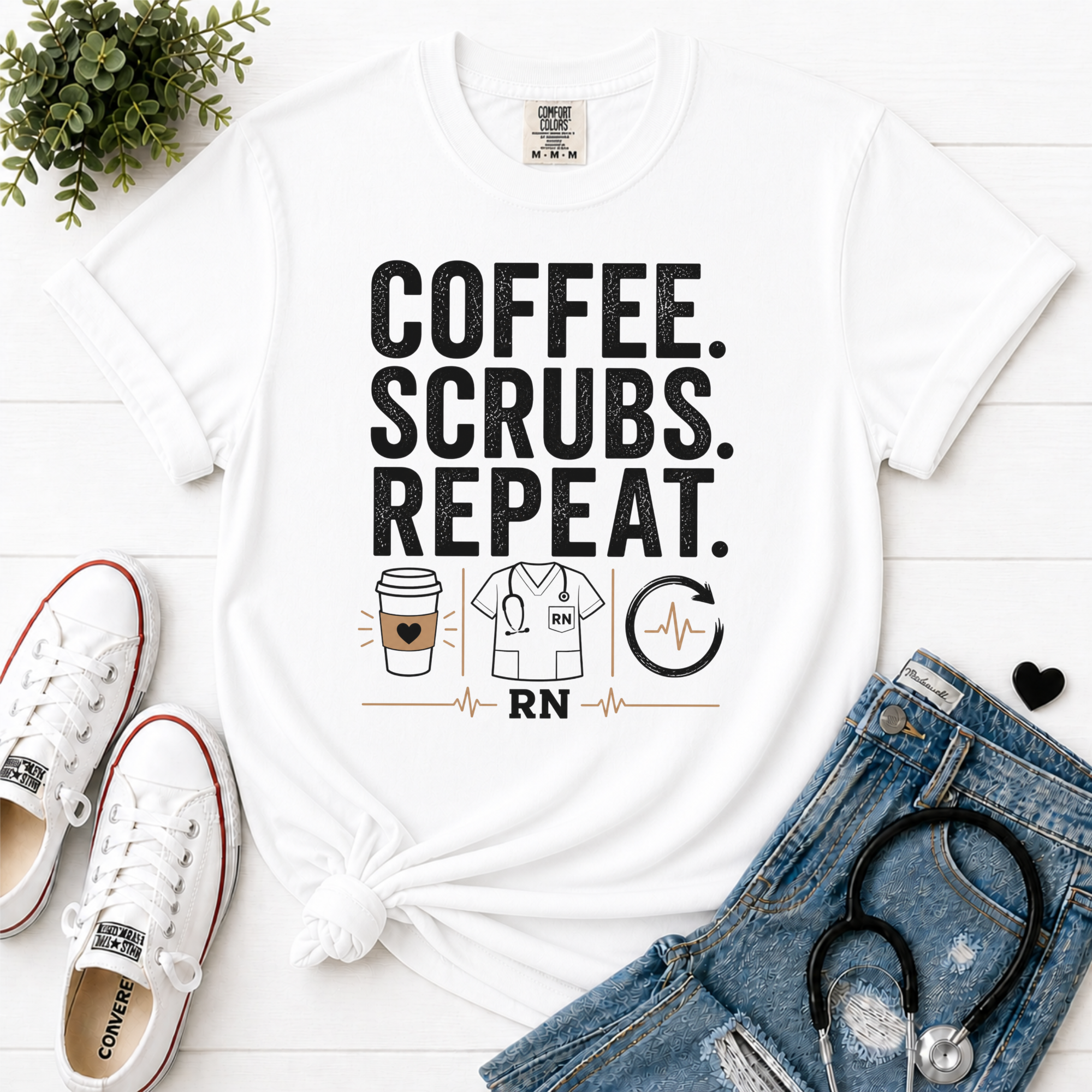 Coffee Scrubs Repeat nurse tee flatlay in White - Comfort Colors