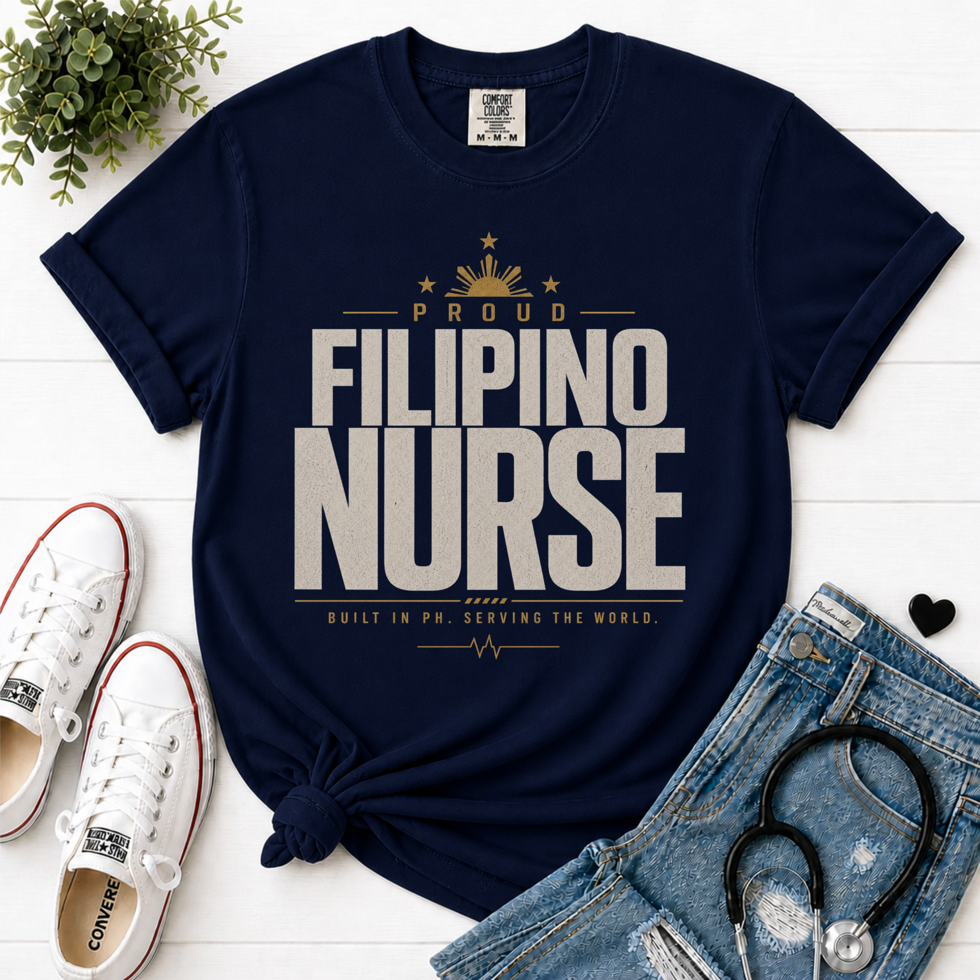 Proud Filipino Nurse t-shirt in Navy - Comfort Colors flatlay