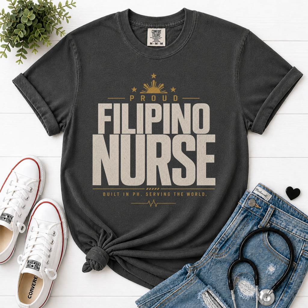 Proud Filipino Nurse t-shirt in Pepper - Comfort Colors flatlay