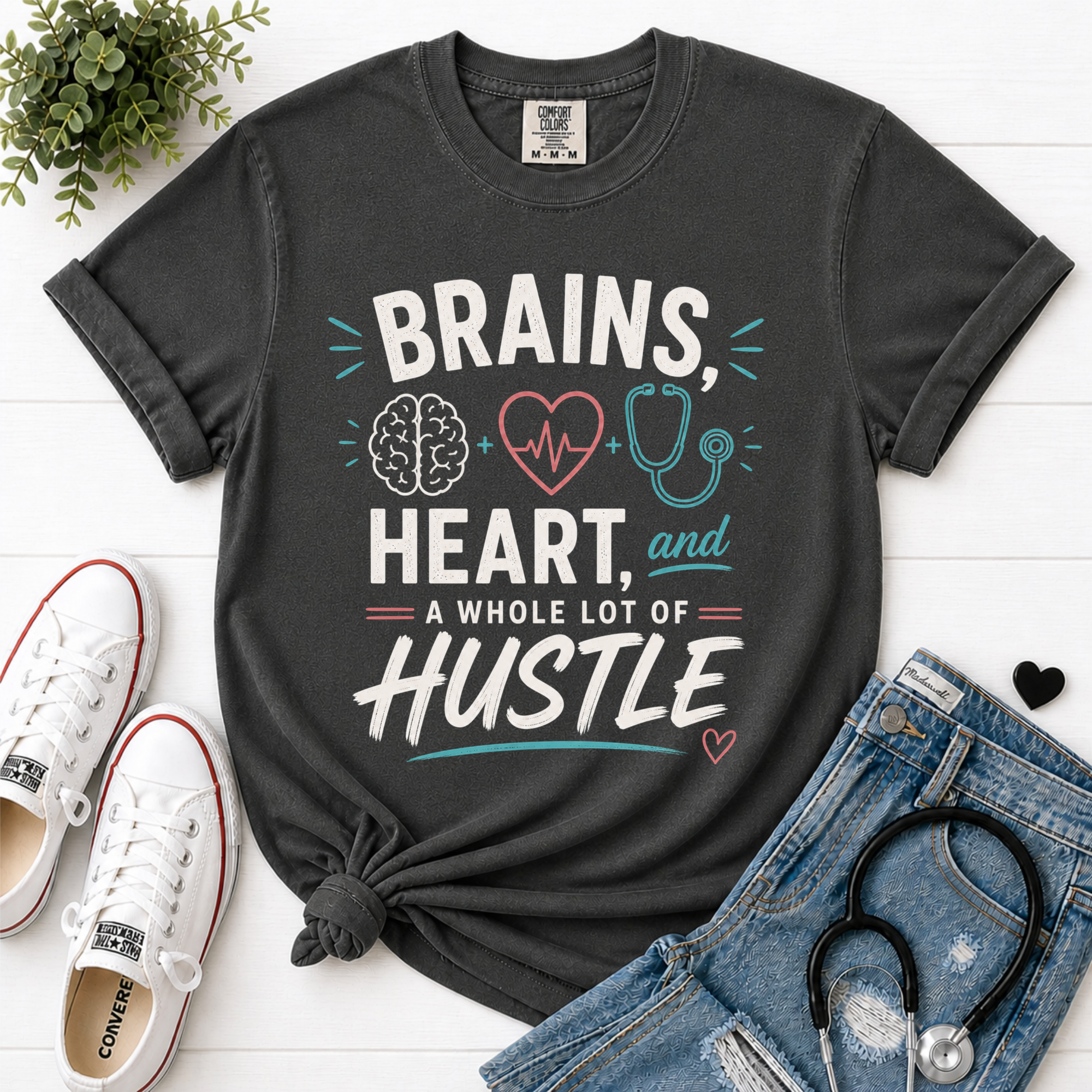 Brains Heart and a Whole Lot of Hustle nurse tee flatlay in Pepper - Comfort Colors