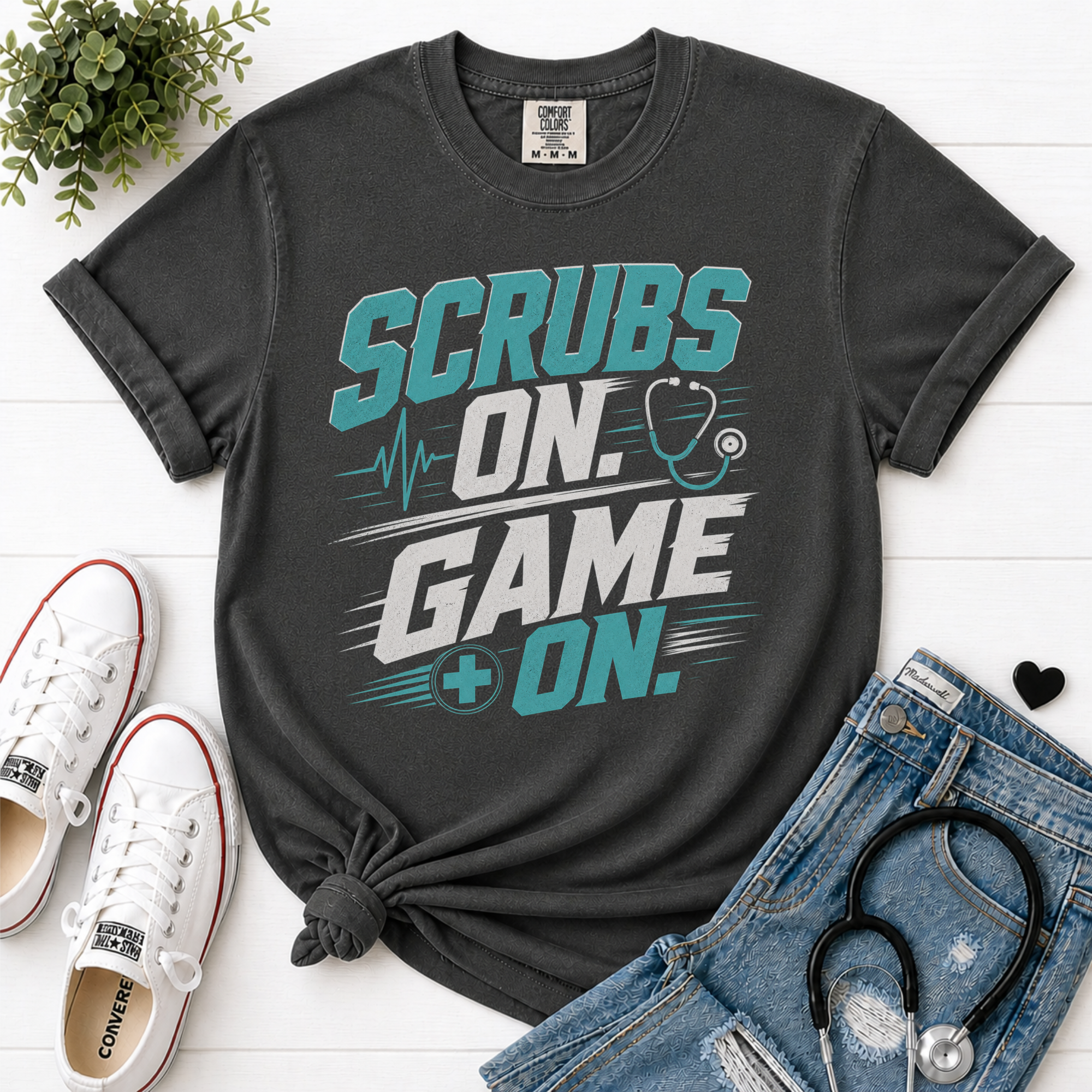 Scrubs On Game On Nurse T-Shirt | Comfort Colors Healthcare Worker Graphic Tee