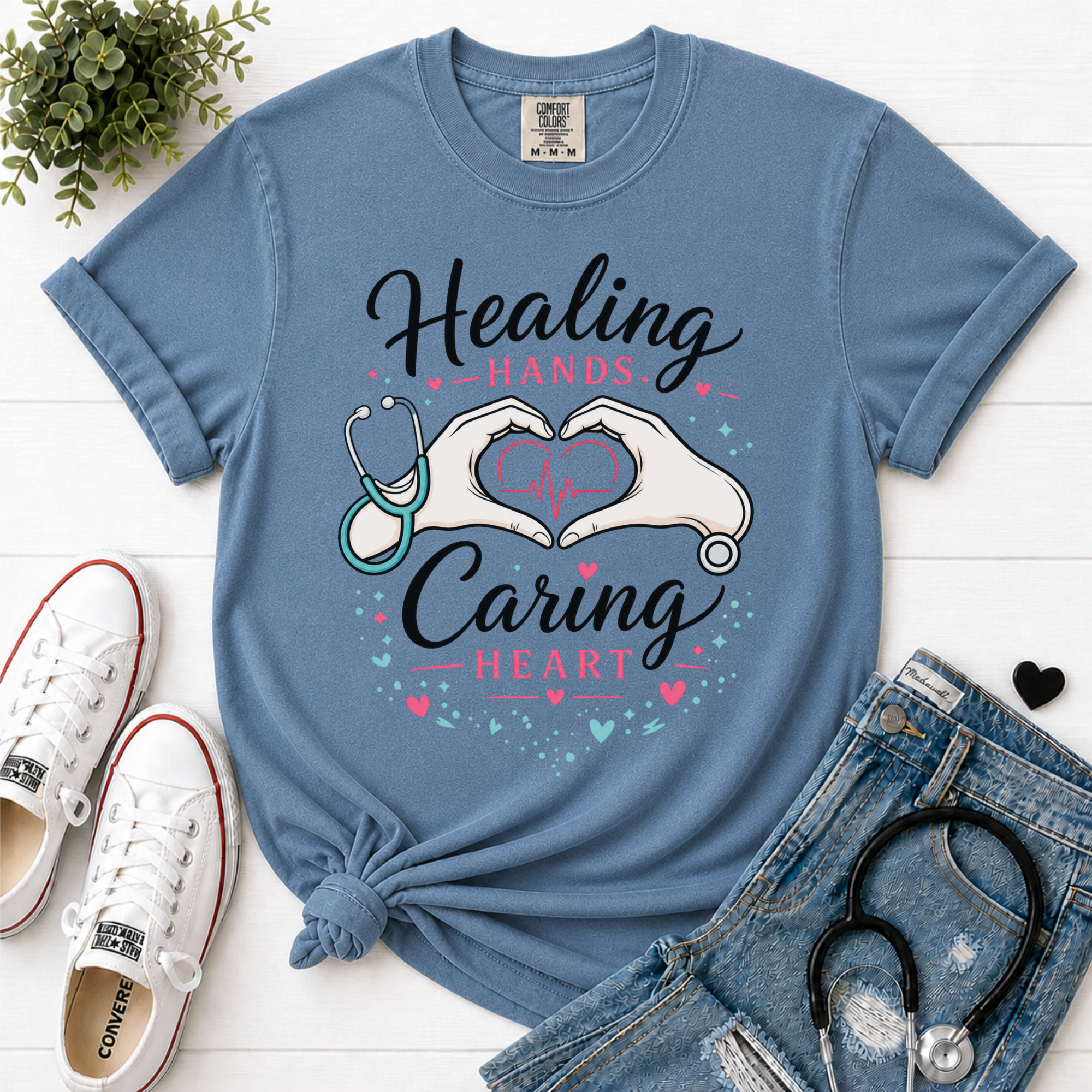 Healing Hands Caring Heart flatlay Blue Jean