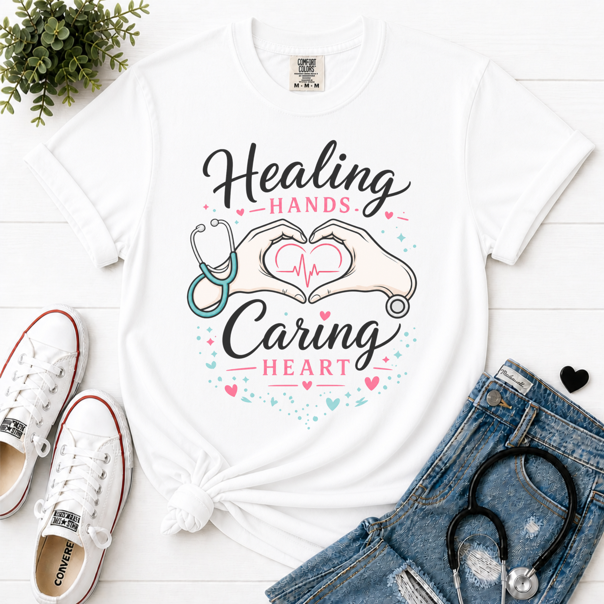 Healing Hands Caring Heart flatlay White