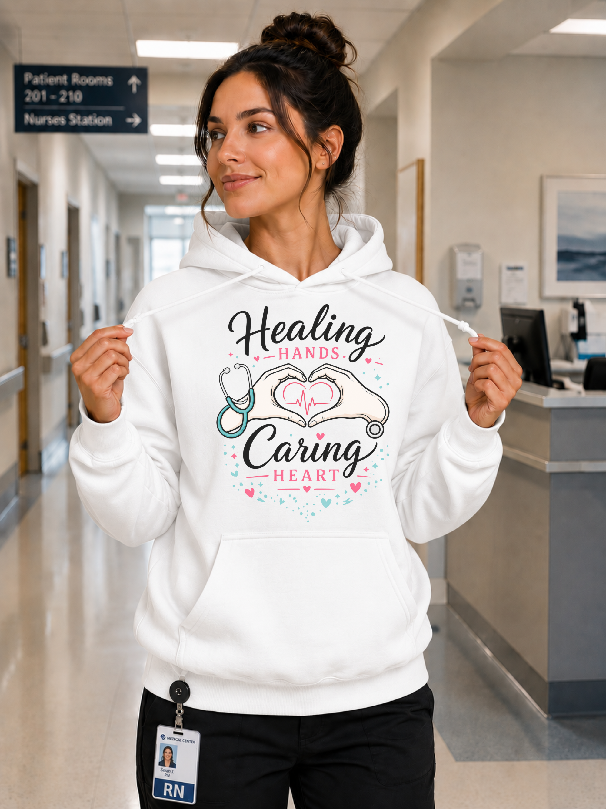 Healing Hands Caring Heart Nurse Hoodie in White