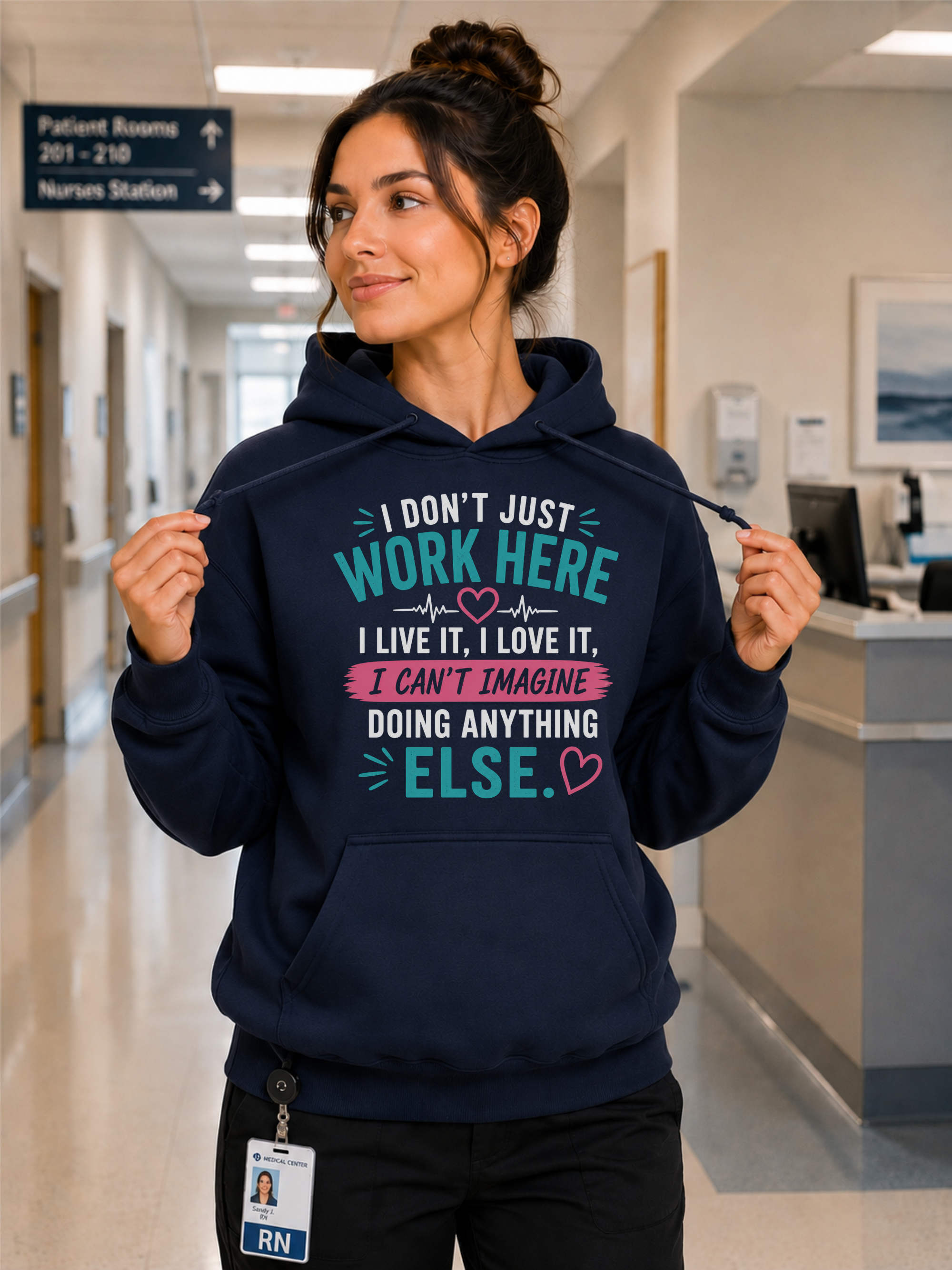I Don't Just Work Here I Actually Care Nurse Hoodie in Navy