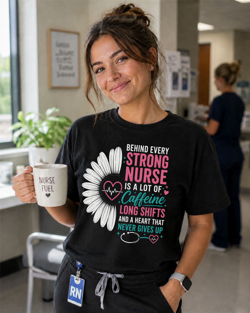 Behind Every Strong Nurse Comfort Colors T-Shirt Black - nurse wearing graphic tee with Nurse Fuel mug