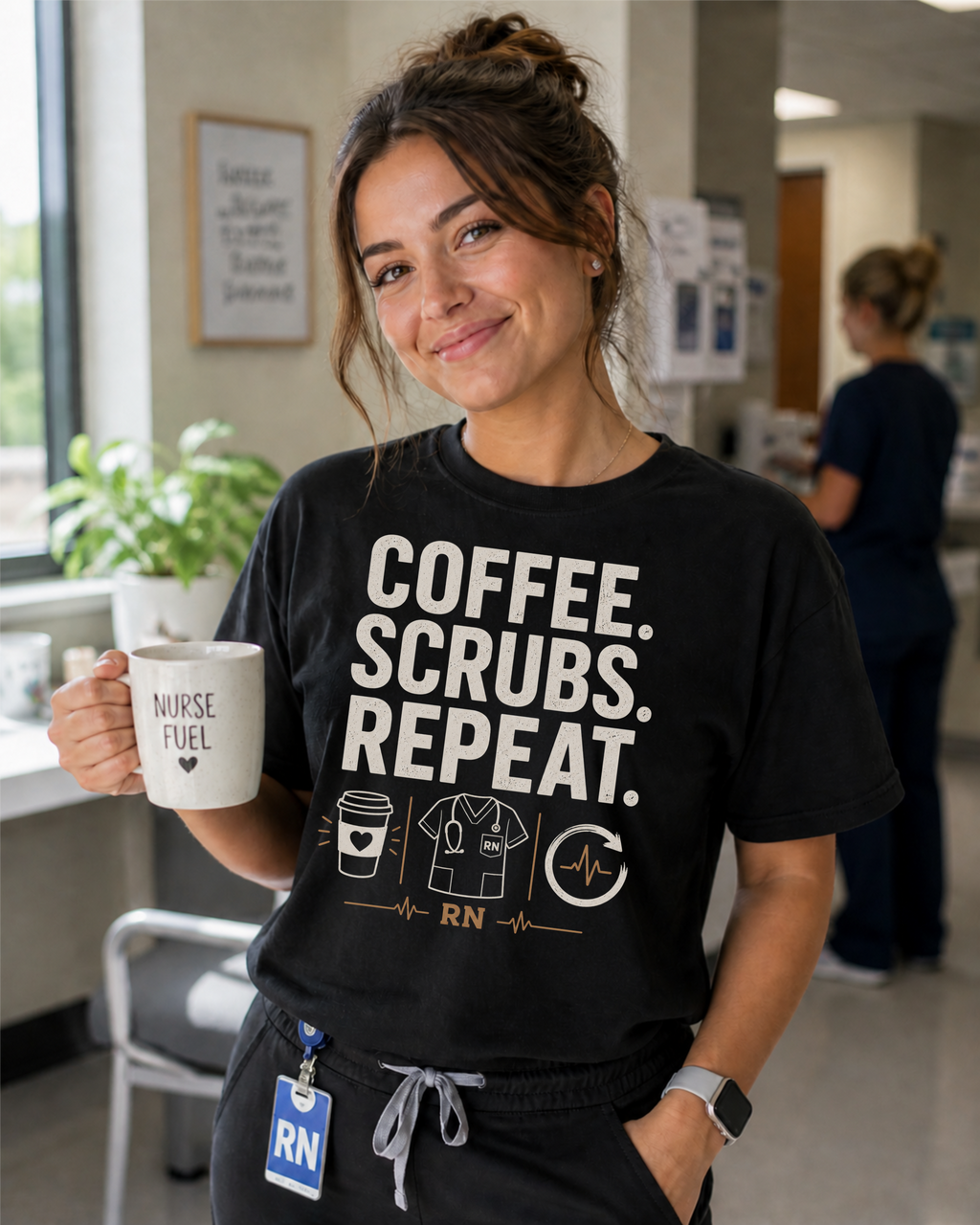 Coffee Scrubs Repeat nurse t-shirt in Blueberry - Comfort Colors lifestyle mockup