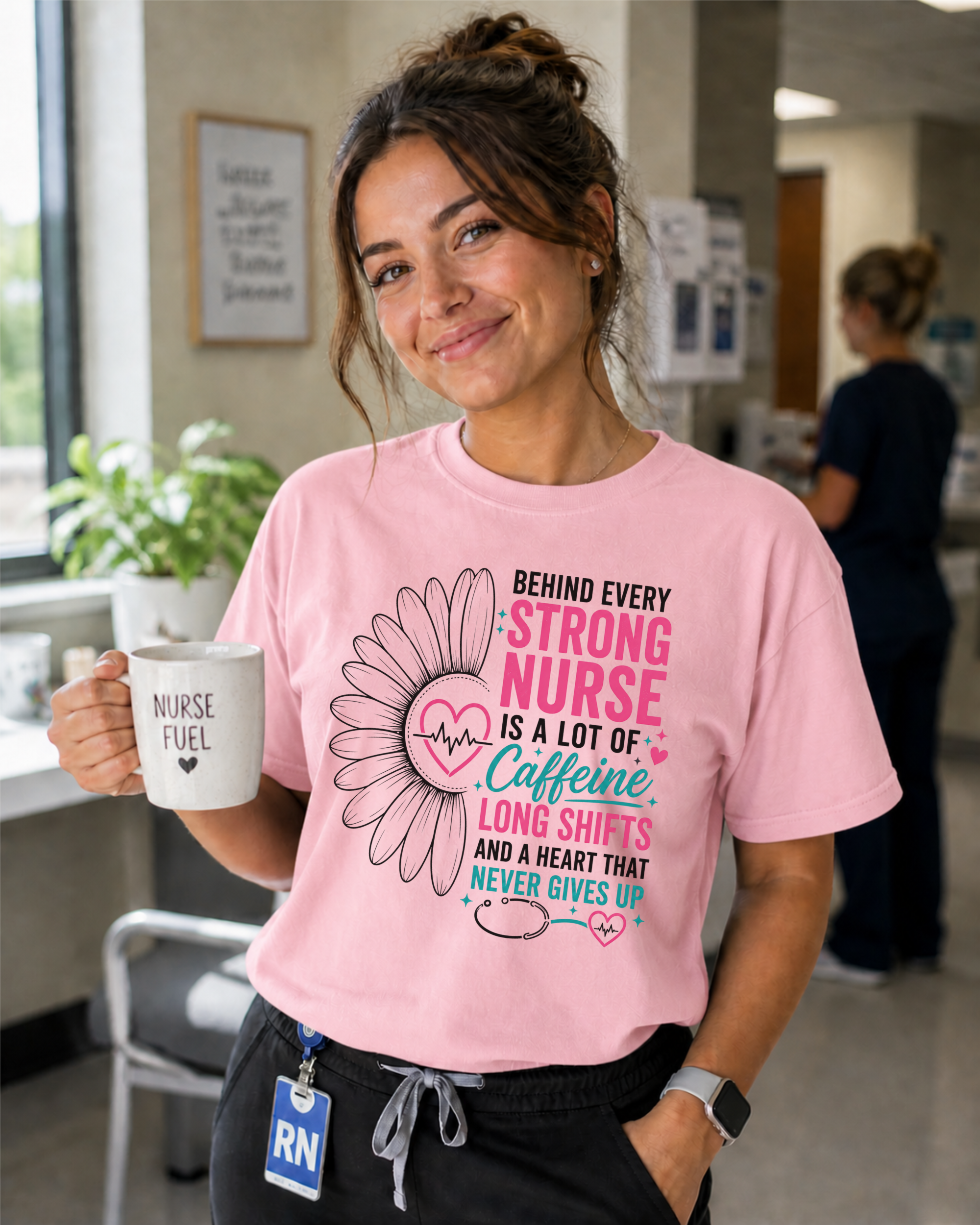 Behind Every Strong Nurse Comfort Colors T-Shirt in Blossom Pink - nurse lifestyle photo
