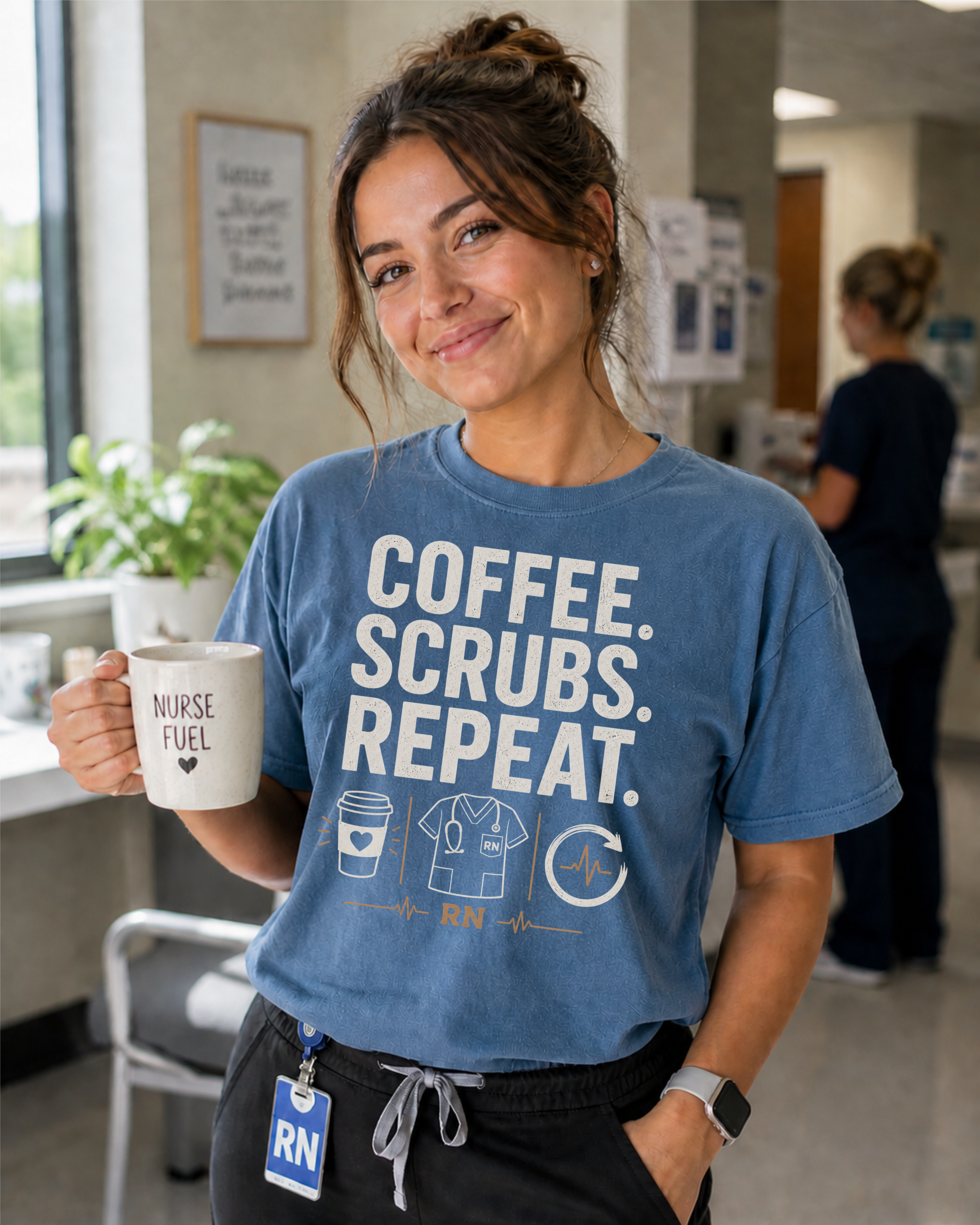 Coffee Scrubs Repeat nurse t-shirt in Blue Jean - Comfort Colors lifestyle mockup