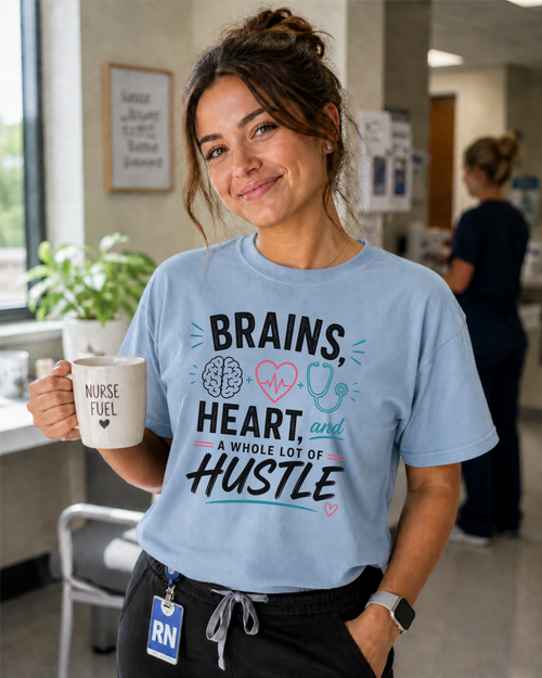 Brains Heart and a Whole Lot of Hustle nurse t-shirt in Chambray - Comfort Colors lifestyle mockup