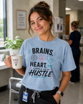 Brains Heart and a Whole Lot of Hustle nurse t-shirt in Chambray - Comfort Colors lifestyle mockup