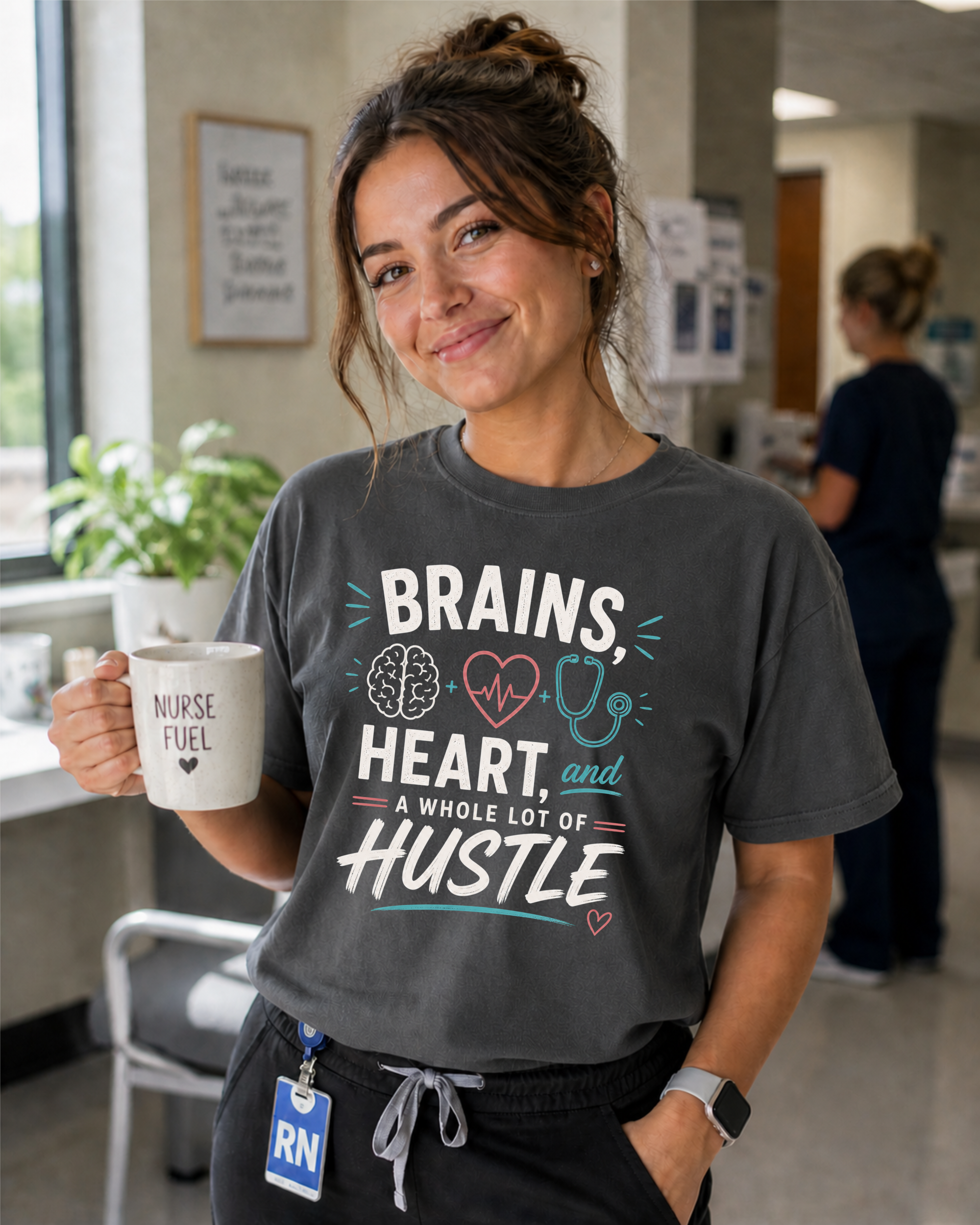 Brains Heart and a Whole Lot of Hustle nurse t-shirt in Pepper - Comfort Colors lifestyle mockup