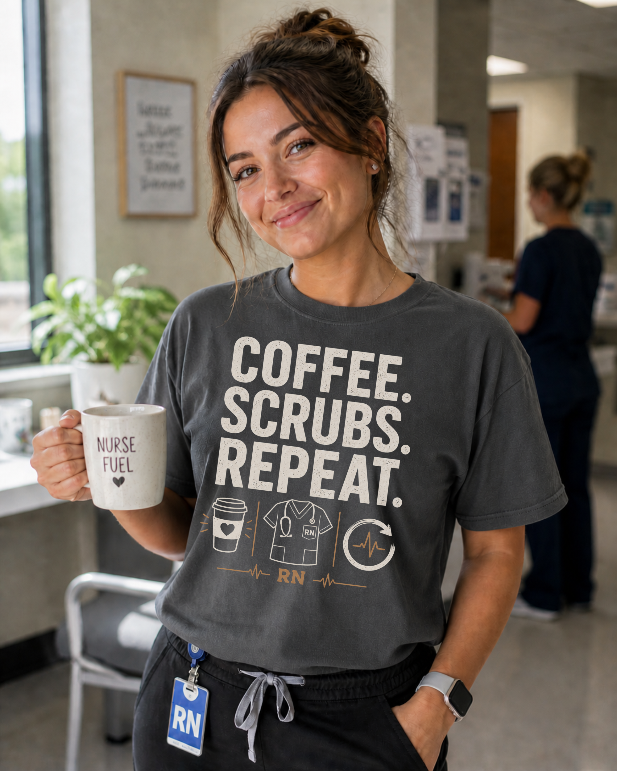 Coffee Scrubs Repeat nurse t-shirt in Pepper - Comfort Colors lifestyle mockup