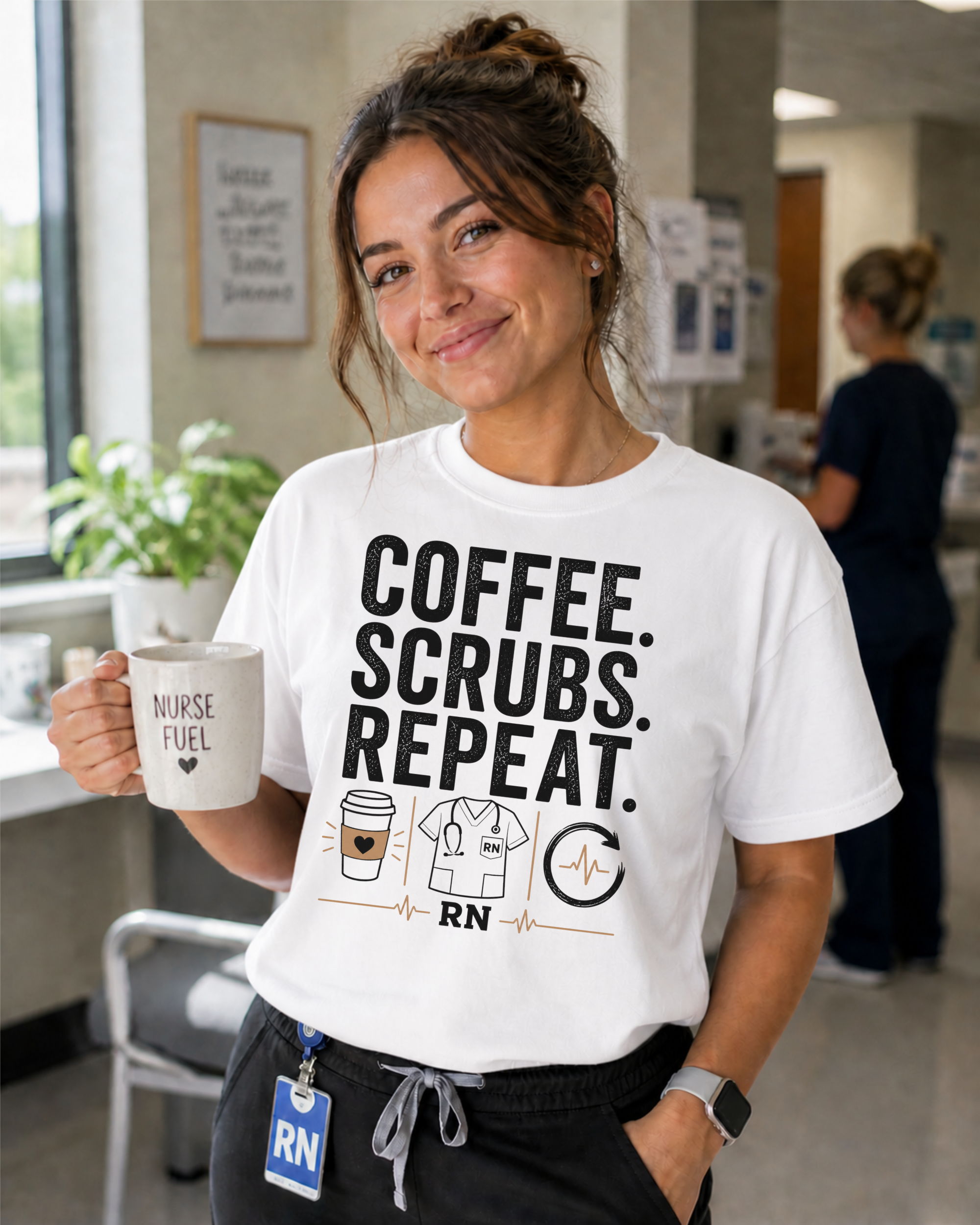 Coffee Scrubs Repeat nurse t-shirt in White - Comfort Colors lifestyle mockup
