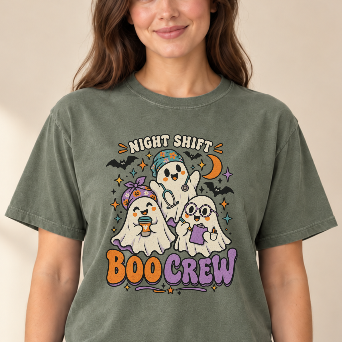 Night Shift Boo Crew nurse tee Moss