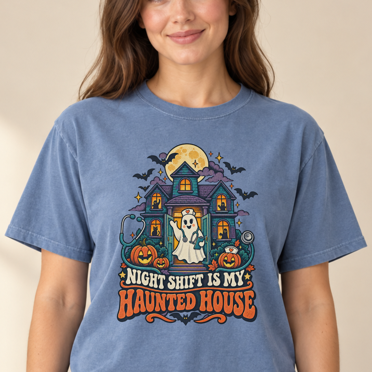 Night Shift Is My Haunted House nurse tee Blue Jean