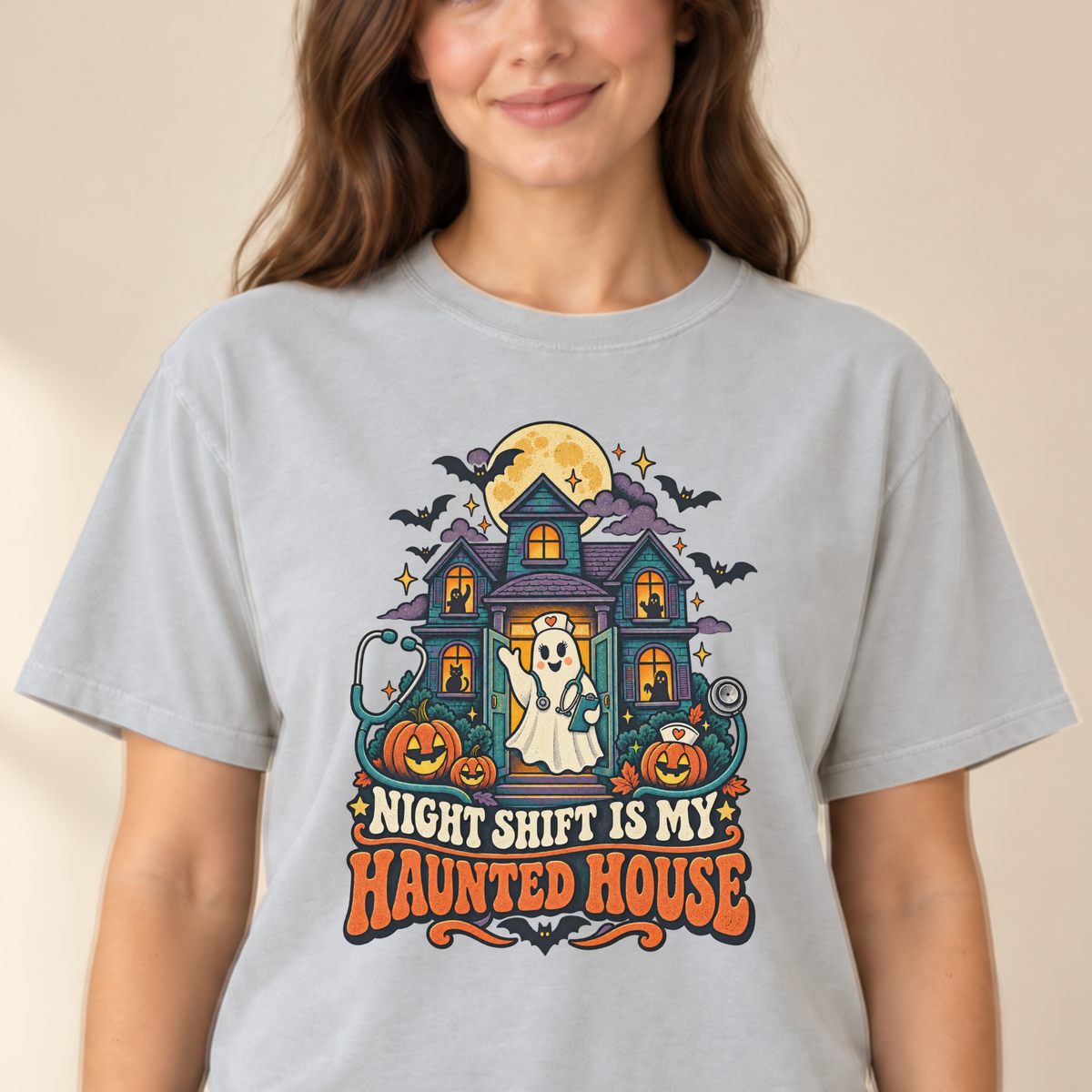 Night Shift Is My Haunted House nurse tee Ivory