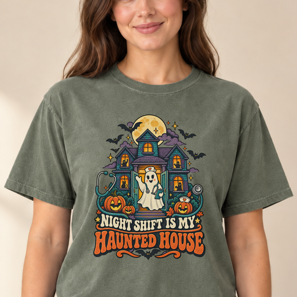 Night Shift Is My Haunted House nurse tee Moss