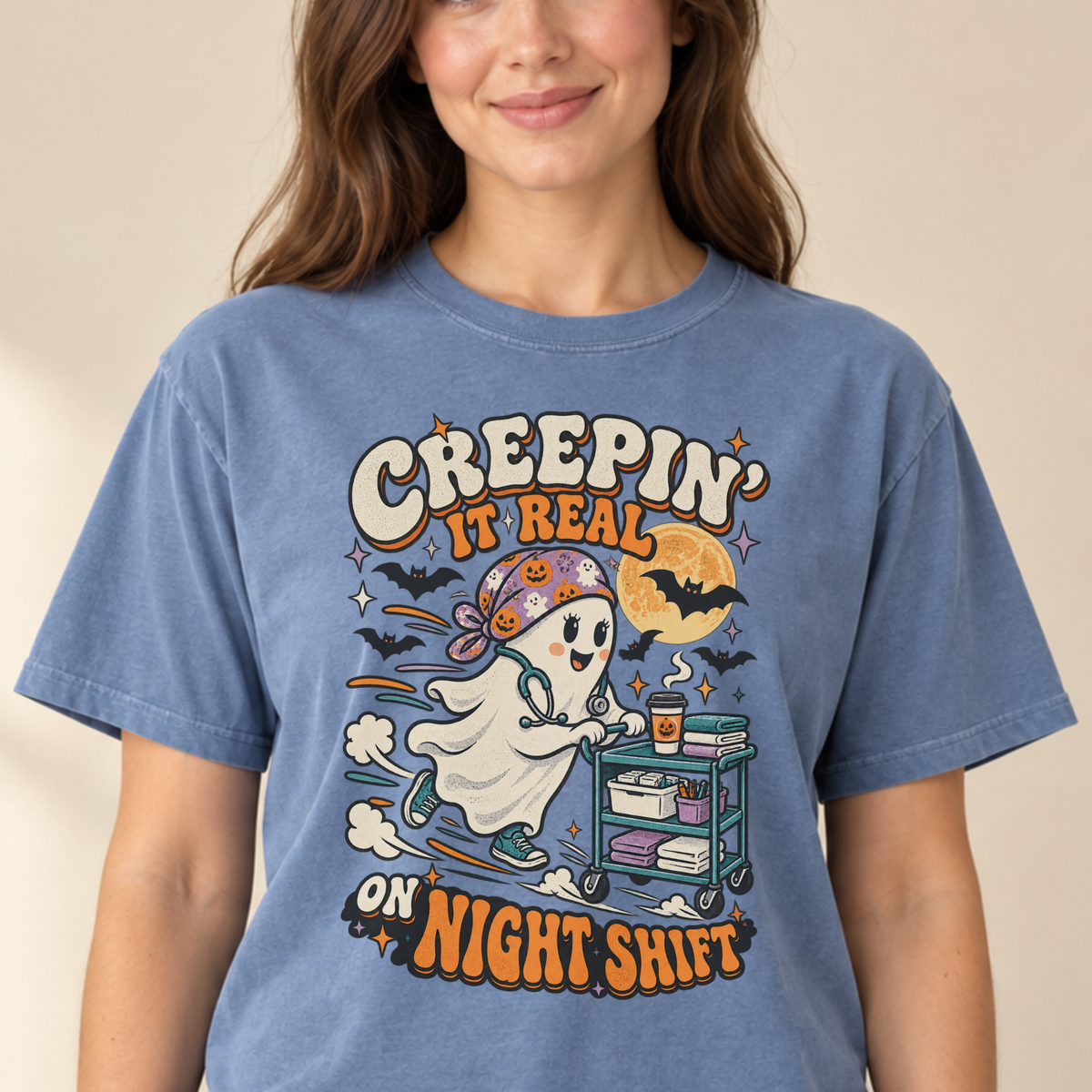 Creepin It Real On Night Shift tee Blue Jean