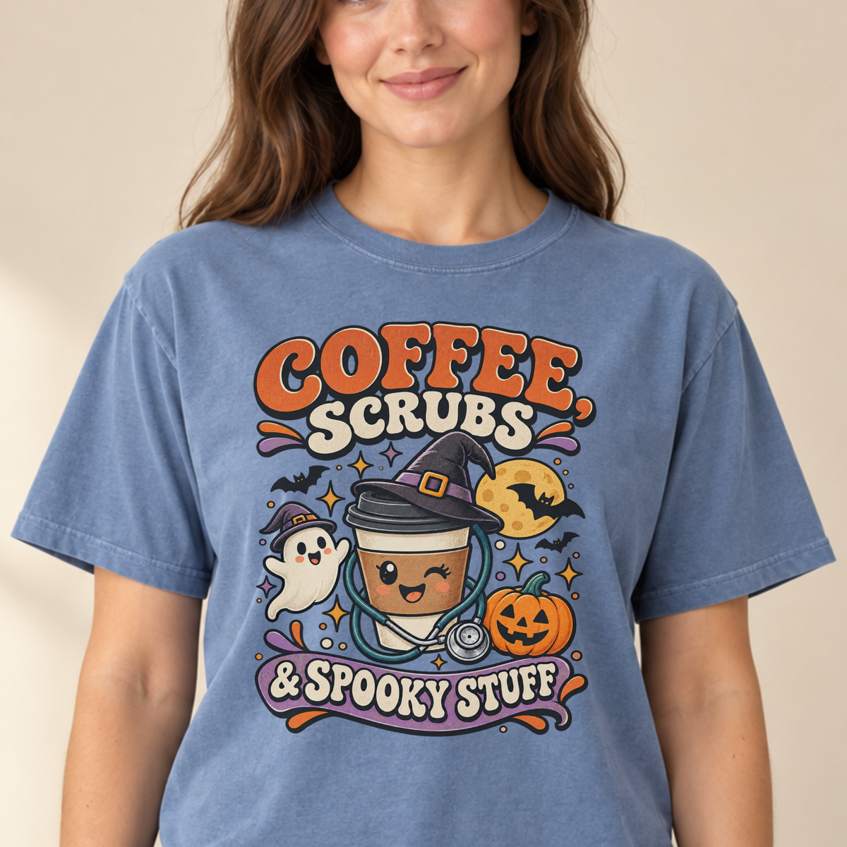 Coffee Scrubs and Spooky Stuff tee Blue Jean