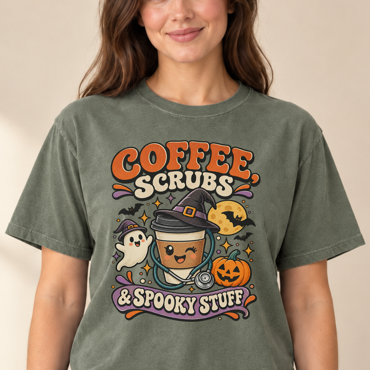 Coffee Scrubs and Spooky Stuff tee Moss