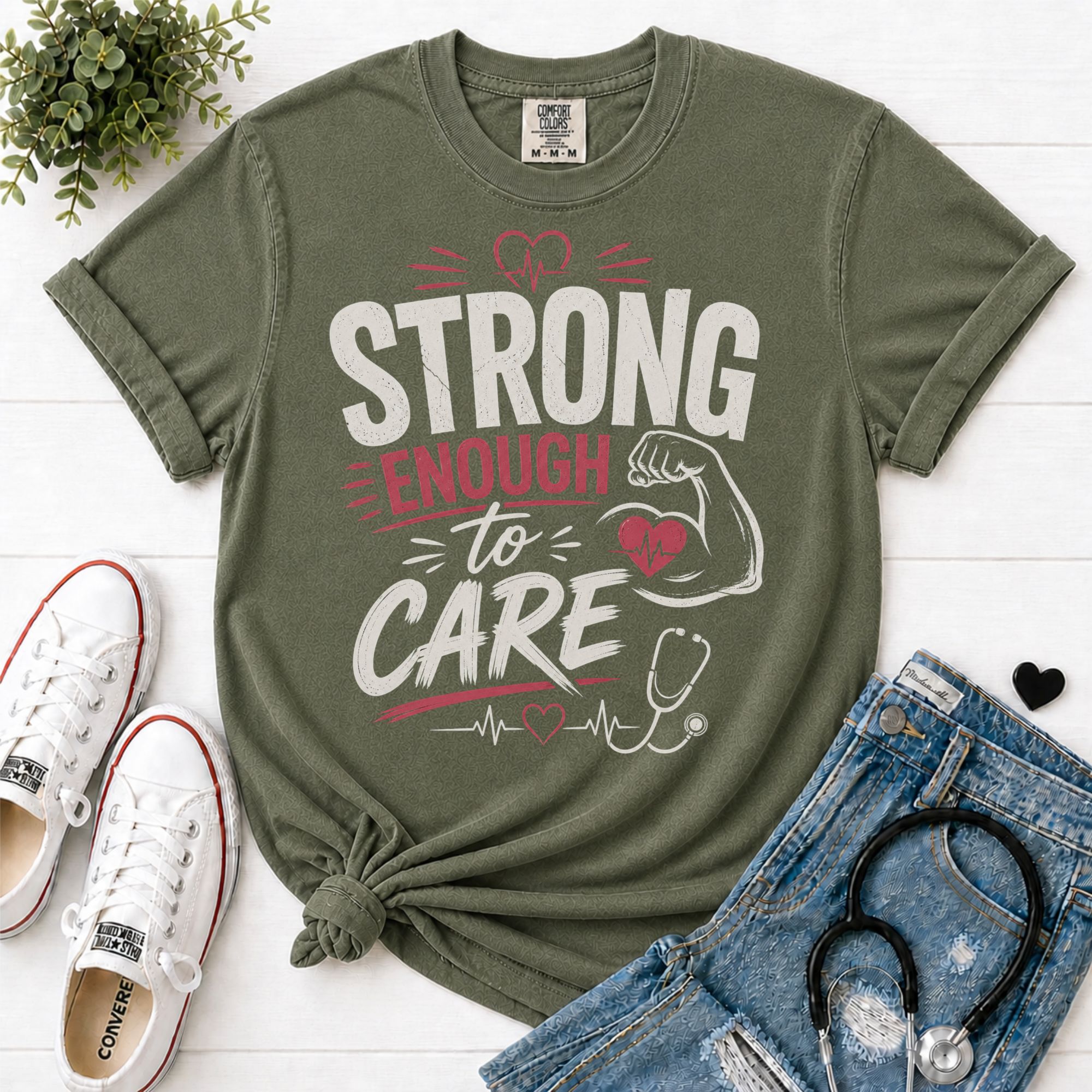 Strong Enough to Care flatlay Moss