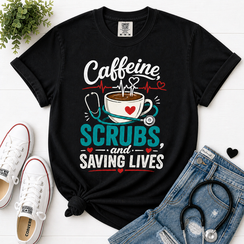 Caffeine Scrubs and Saving Lives nurse t-shirt in Black - Comfort Colors flatlay
